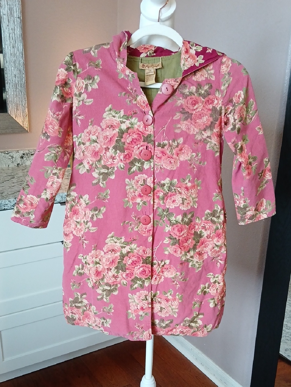 April Cornell Corduroy Jacket Coat Size 7/8 Girls Pink Rose Floral 100% Cotton